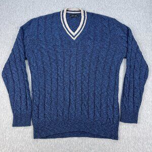 Walker Slater V-Neck Cableknit Sweater Mens M Blue Long Sleeve Linen Cotton